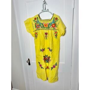 Vintage 70s Hand Embroidered Mexican Oaxaca Dress Yellow Floral Midi Medium